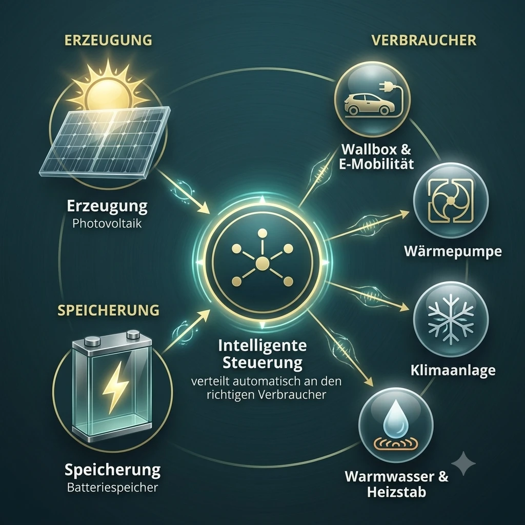 Schema: Erzeugung, Speicherung und Verbrauch mit intelligenter Steuerung